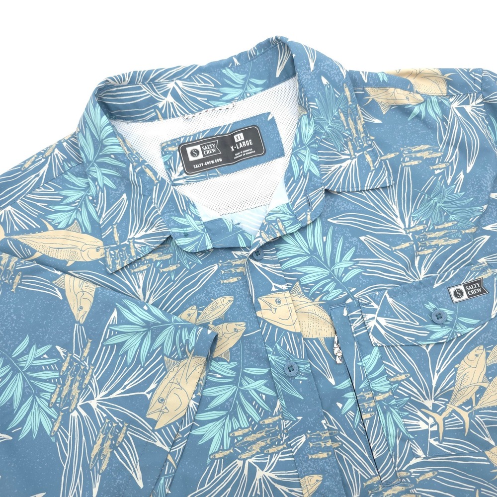 Salty Crew Mens XL Blue Fish Palm Tropical Print Short Sleeve Button Up Shirt